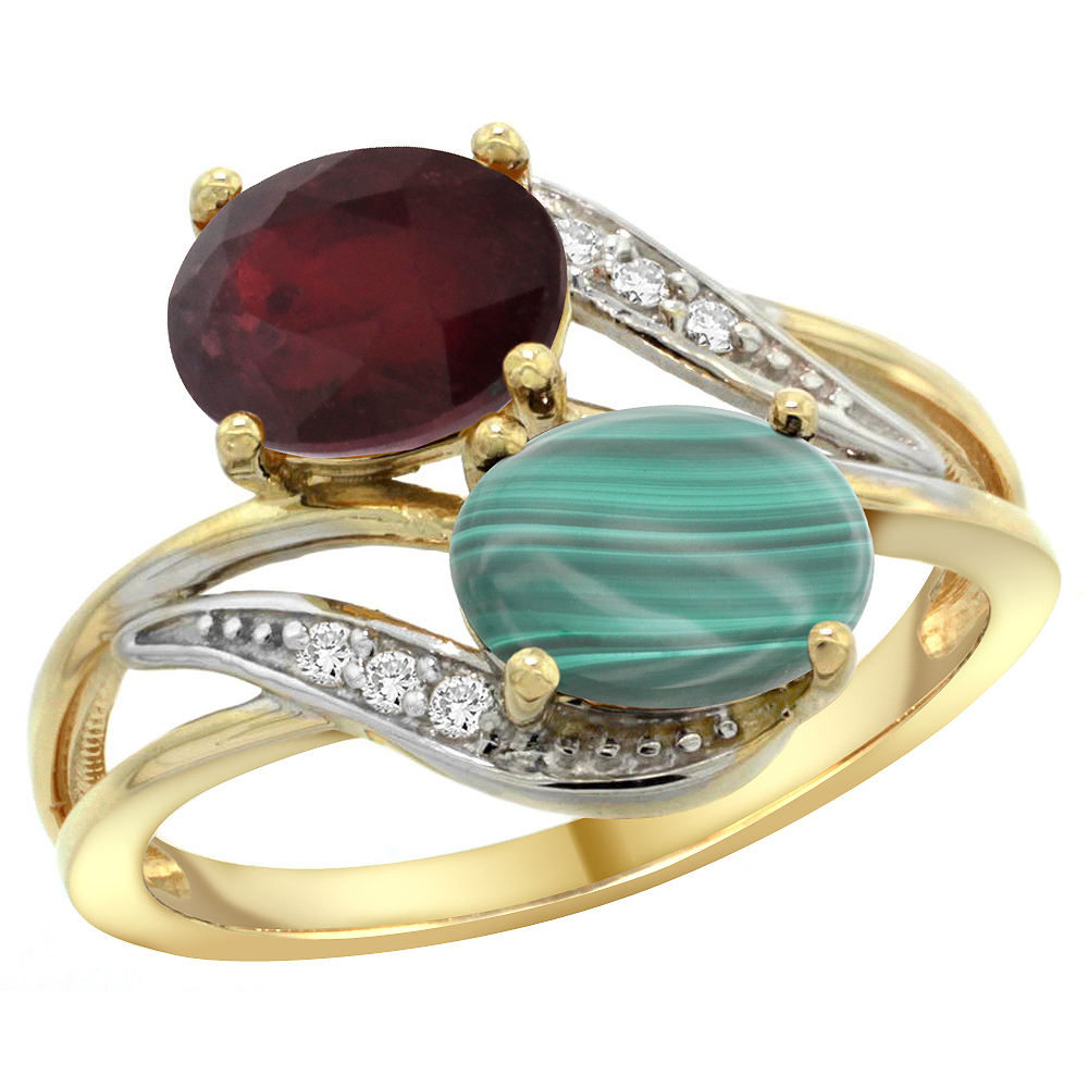 14K Yellow Gold Diamond Natural Quality Ruby &amp; Malachite 2-stone Mothers Ring Oval 8x6mm, size 5 - 10