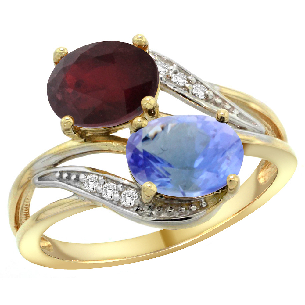 14K Yellow Gold Diamond Natural Quality Ruby &amp; Tanzanite 2-stone Mothers Ring Oval 8x6mm, size 5 - 10