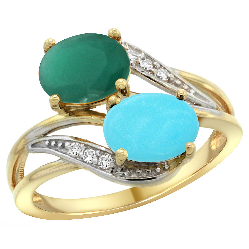 10K Yellow Gold Diamond Natural Quality Emerald &amp; Turquoise 2-stone Mothers Ring Oval 8x6mm, size 5 - 10
