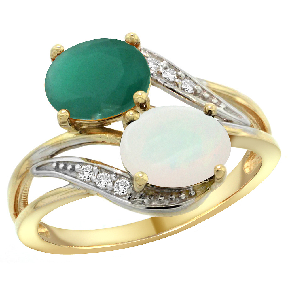 14K Yellow Gold Diamond Natural Quality Emerald &amp; Opal 2-stone Mothers Ring Oval 8x6mm, size 5 - 10