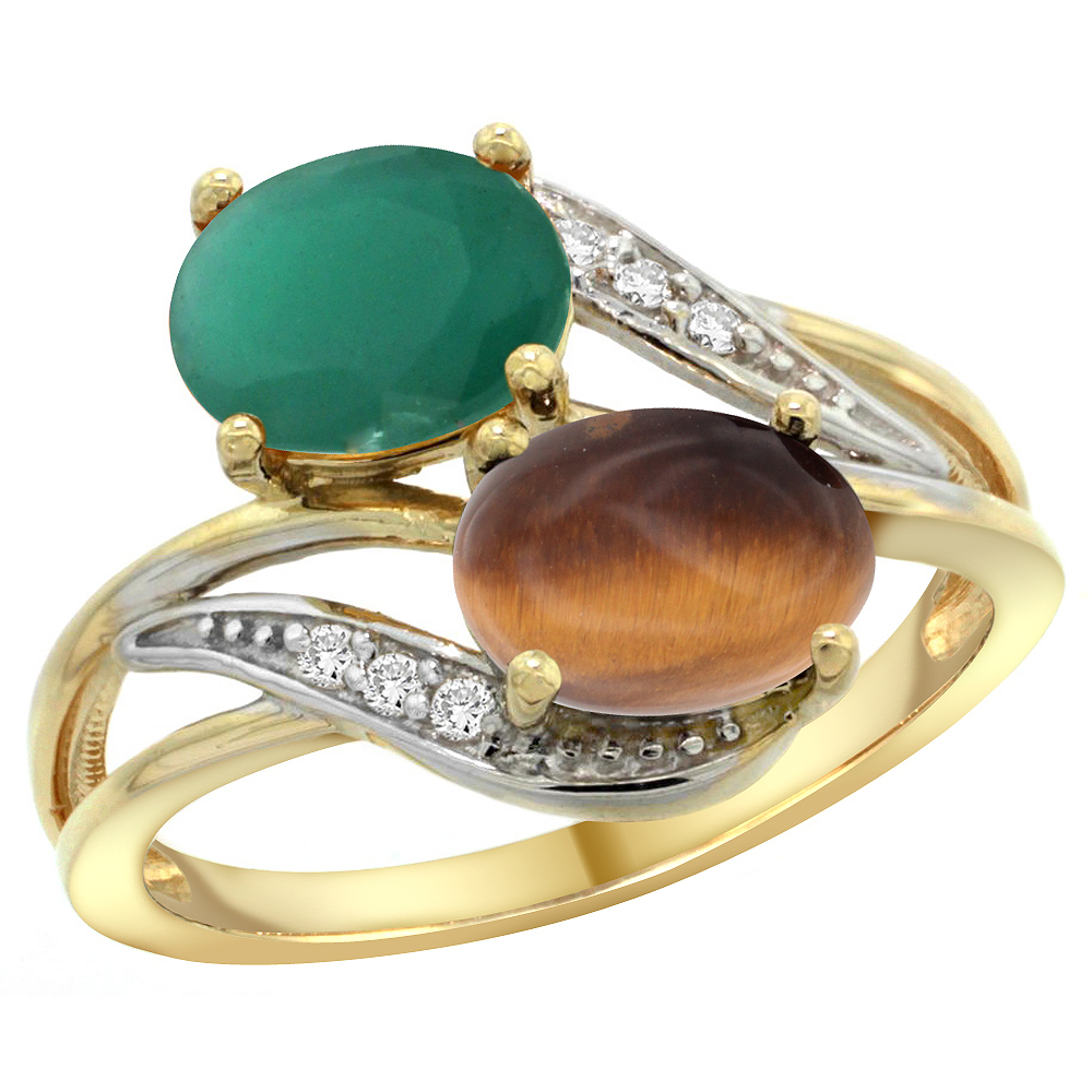 14K Yellow Gold Diamond Natural Quality Emerald &amp; Tiger Eye 2-stone Mothers Ring Oval 8x6mm, size 5 - 10