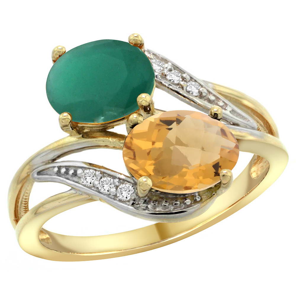 14K Yellow Gold Diamond Natural Quality Emerald &amp; Whisky Quartz 2-stone Mothers Ring Oval 8x6mm,sz5 - 10