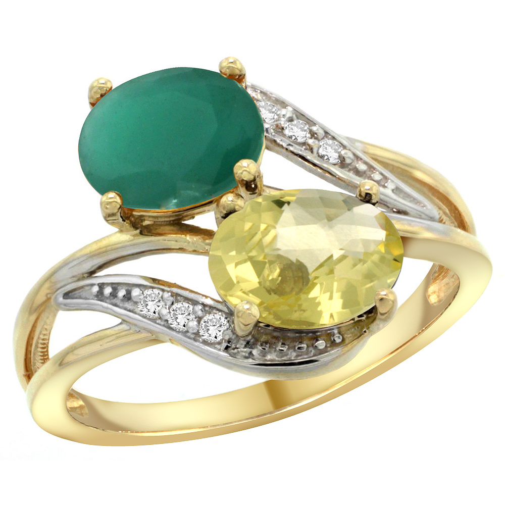 10K Yellow Gold Diamond Natural Quality Emerald & Lemon Quartz 2-stone Mothers Ring Oval 8x6mm, sz 5 - 10