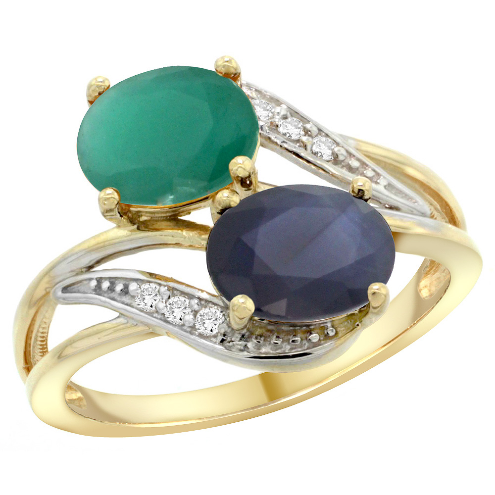 14K Yellow Gold Diamond Natural Quality Emerald &amp; Australian Sapphire 2-stone Ring Oval 8x6mm,size5-10