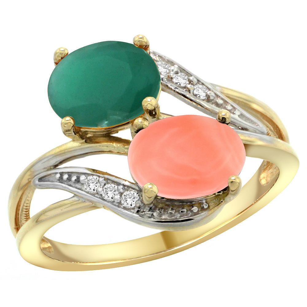 14K Yellow Gold Diamond Natural Quality Emerald &amp; Coral 2-stone Mothers Ring Oval 8x6mm, size 5 - 10
