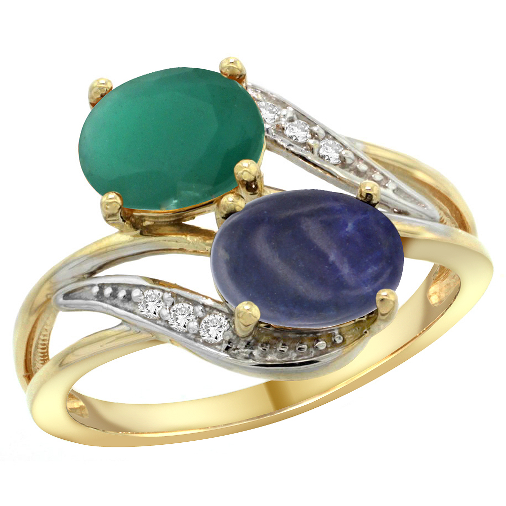 14K YELLOW GOLD DIAMOND NATURAL QUALITY EMERALD & LAPIS 2-STONE MOTHERS RING OVAL 8X6MM, SIZE 5 - 10