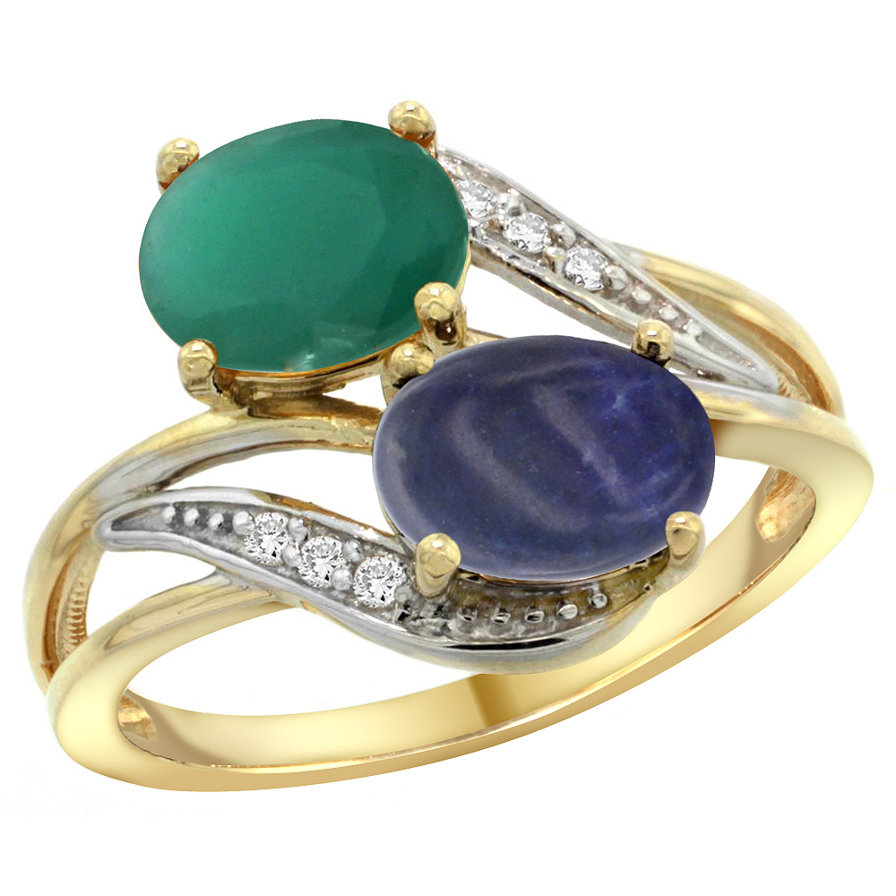 14K Yellow Gold Diamond Natural Quality Emerald & Lapis 2-stone Mothers Ring Oval 8x6mm, size 5 - 10