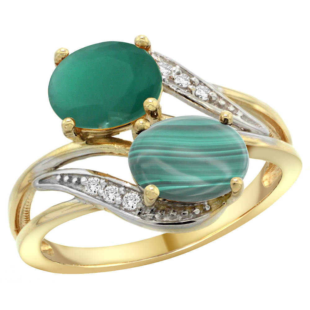 14K Yellow Gold Diamond Natural Quality Emerald &amp; Malachite 2-stone Mothers Ring Oval 8x6mm, size 5 - 10
