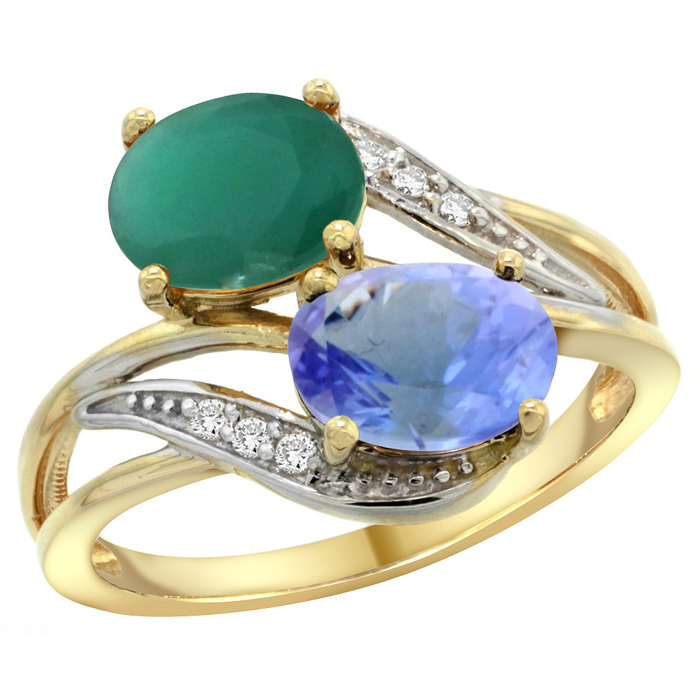 14K Yellow Gold Diamond Natural Quality Emerald & Tanzanite 2-stone Mothers Ring Oval 8x6mm, size 5 - 10