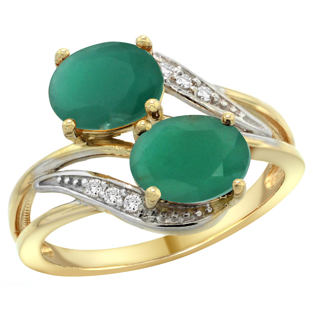 14K YELLOW GOLD DIAMOND NATURAL QUALITY EMERALD 2-STONE MOTHERS RING OVAL 8X6MM, SIZE 5 - 10