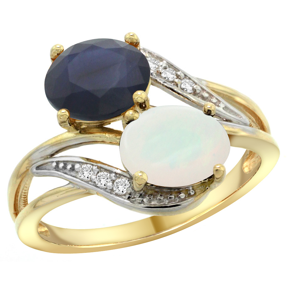 10K Yellow Gold Diamond Natural Quality Blue Sapphire & Opal 2-stone Mothers Ring Oval 8x6mm, size 5 - 10
