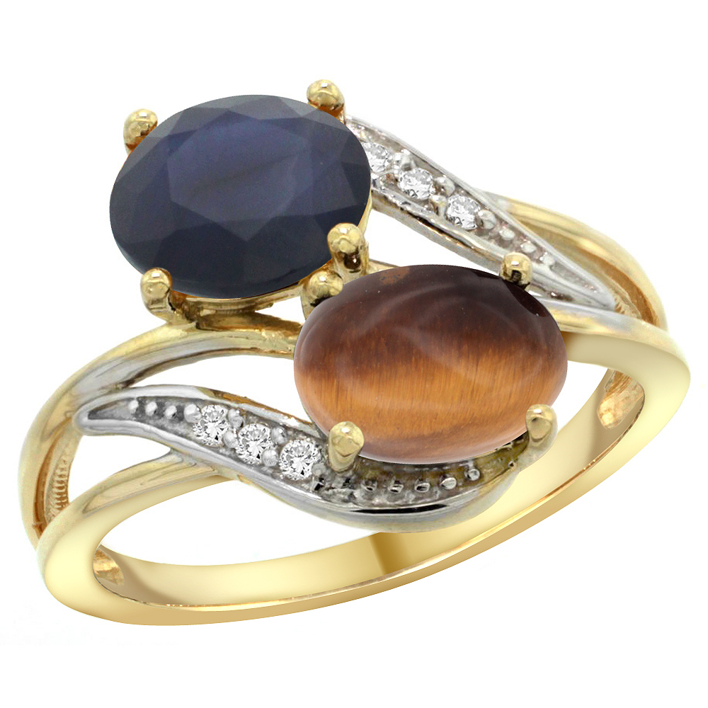 14K Yellow Gold Diamond Natural Quality Blue Sapphire &Tiger Eye 2-stone Mothers Ring Oval 8x6mm,sz5 - 10