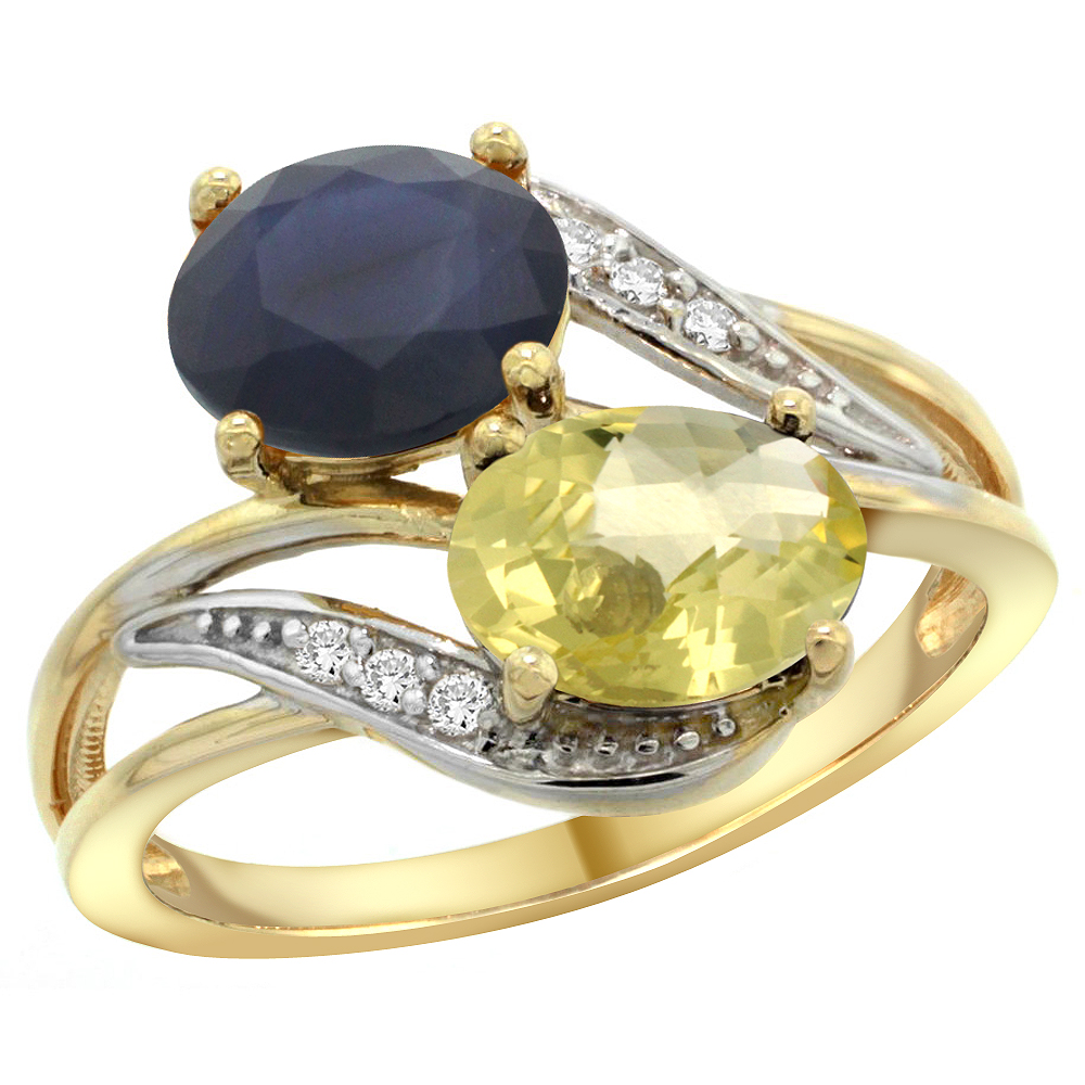 14K Yellow Gold Diamond Natural Quality Blue Sapphire & Lemon Quartz 2-stone Ring Oval 8x6mm, size 5 - 10