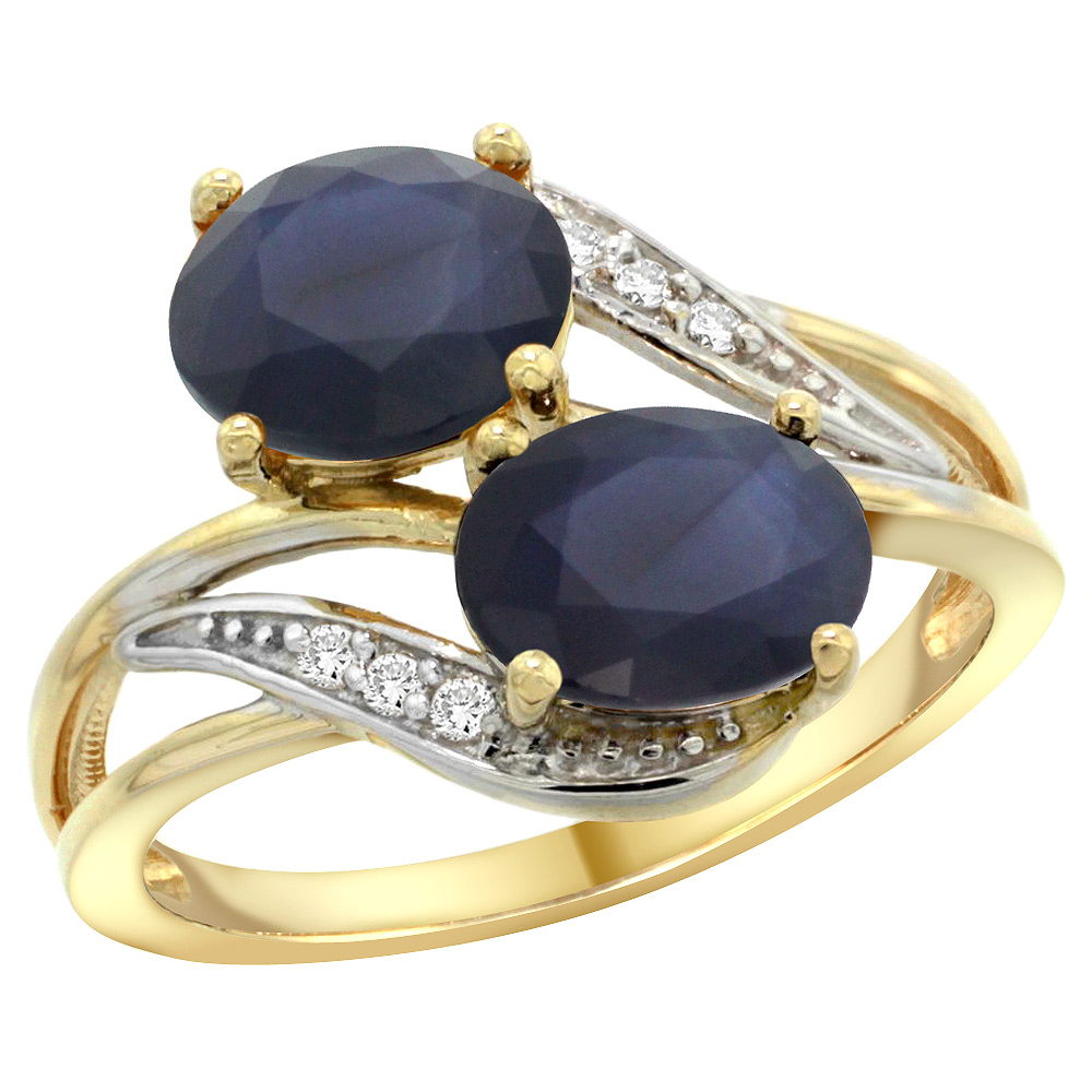 14K YELLOW GOLD DIAMOND NATURAL QUALITY BLUE SAPPHIRE & AUSTRALIAN SAPPHIRE 2-STONE RING OVAL8X6MM,SZ5-10