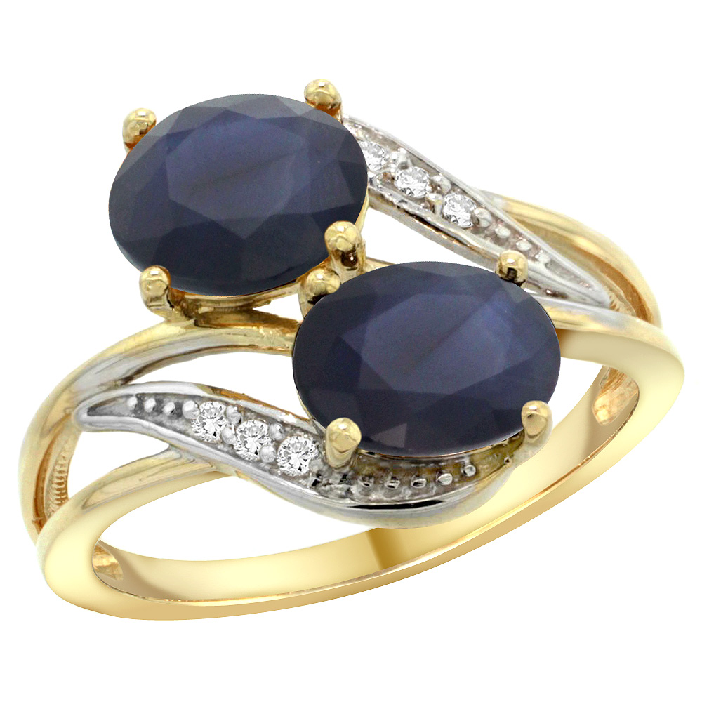 14K Yellow Gold Diamond Natural Quality Blue Sapphire &amp; Australian Sapphire 2-stone Ring Oval8x6mm,sz5-10