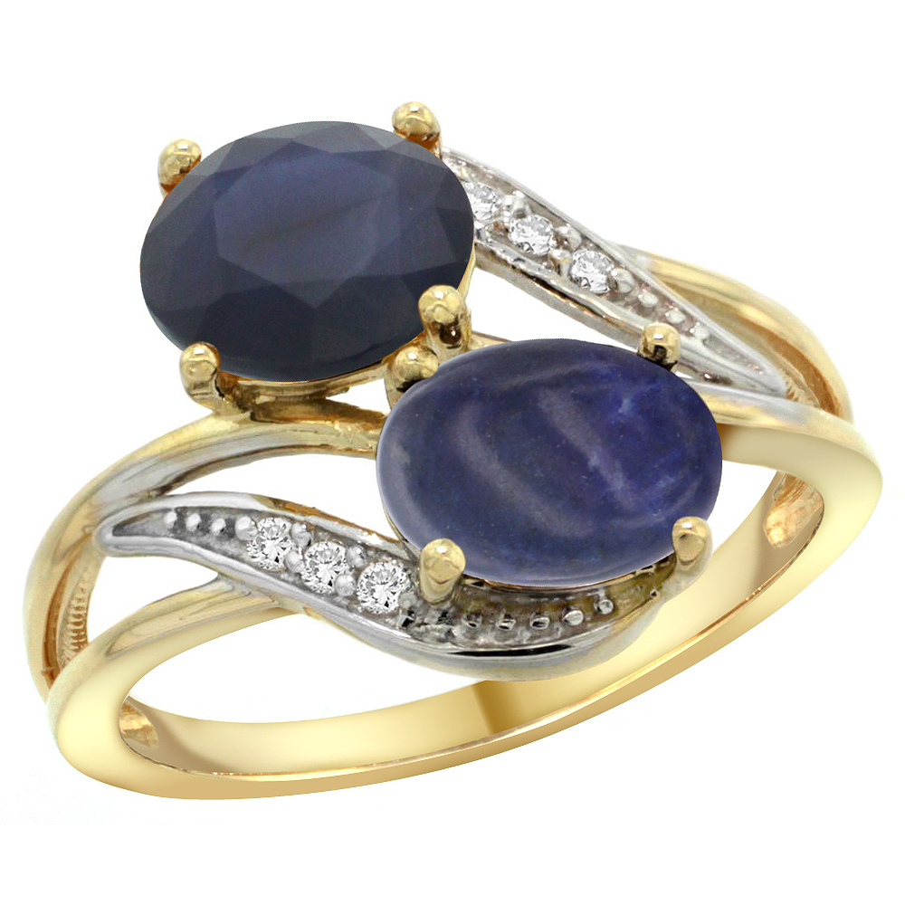 14K Yellow Gold Diamond Natural Quality Blue Sapphire &amp; Lapis 2-stone Mothers Ring Oval 8x6mm, size5 - 10