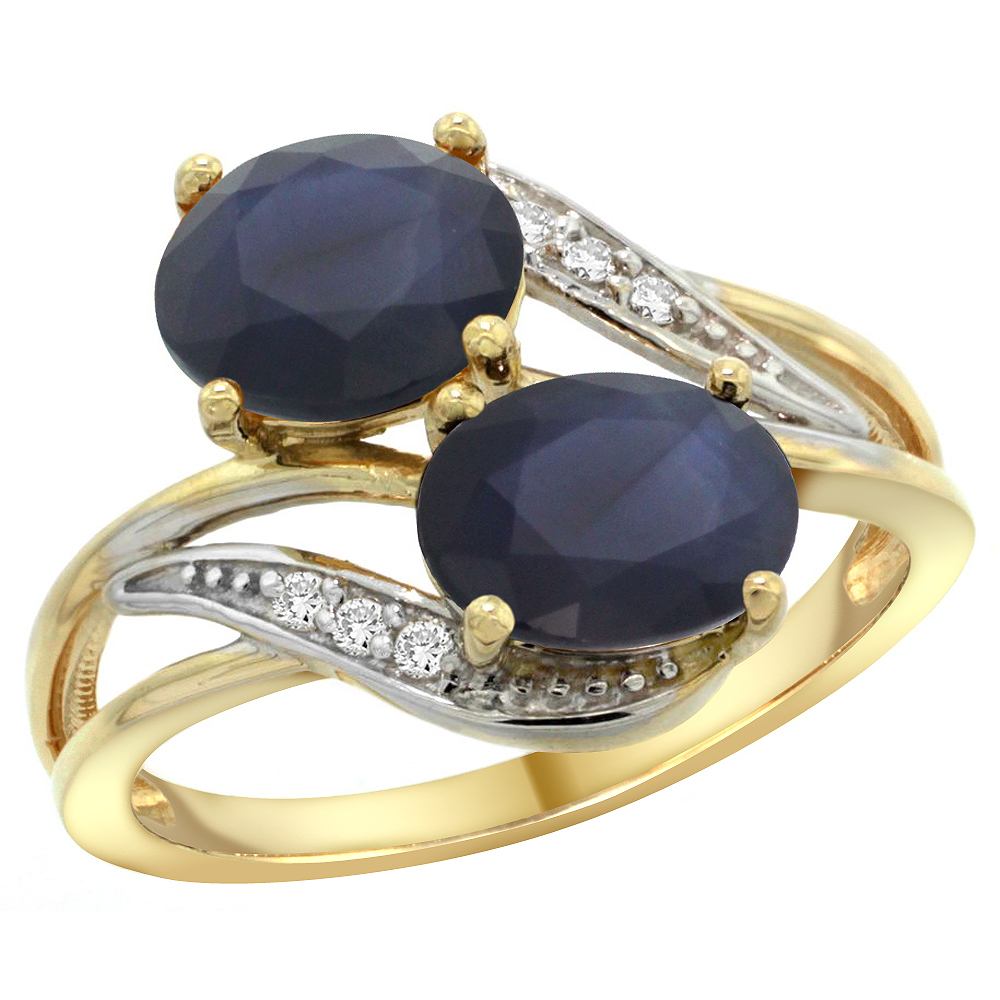 14K YELLOW GOLD DIAMOND NATURAL QUALITY BLUE SAPPHIRE 2-STONE MOTHERS RING OVAL 8X6MM, SIZE 5 - 10