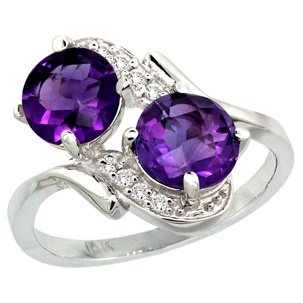 10K White Gold Diamond Natural Amethyst Mother's Ring Round 7mm, 3/4 inch wide, sizes 5 - 10