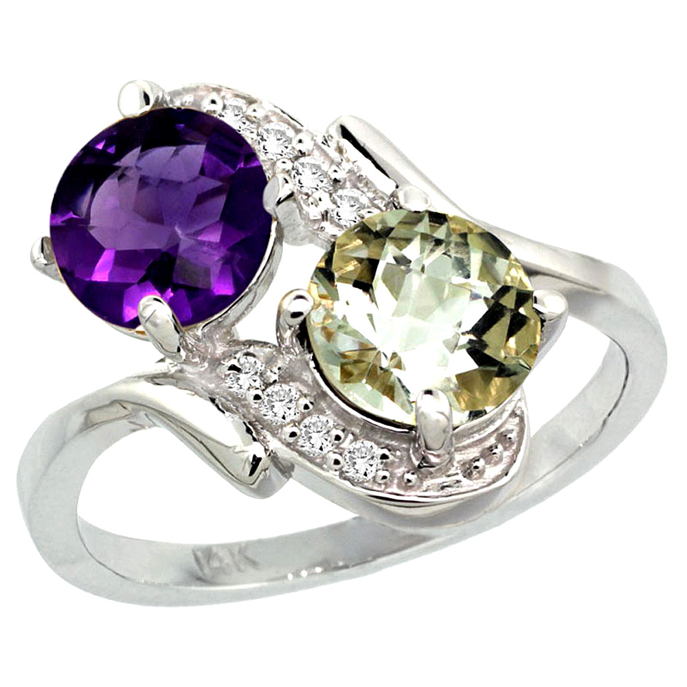 10K White Gold Diamond Natural Purple & Green Amethyst Mother's Ring Round 7mm, 3/4 inch wide, sizes 5 - 10