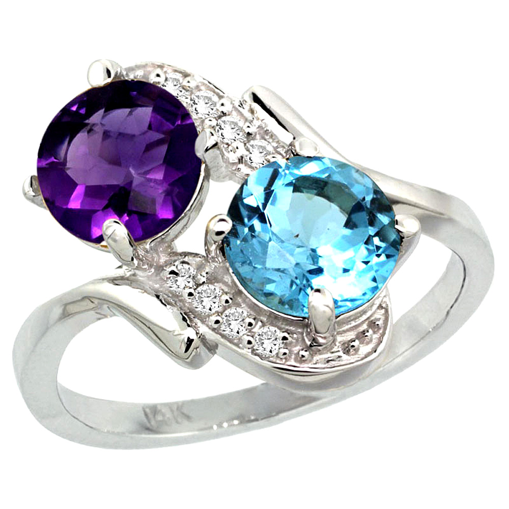 14k White Gold Diamond Natural Amethyst &amp; Swiss Blue Topaz Mother&#039;s Ring Round 7mm, 3/4 inch wide, sizes 5 - 10