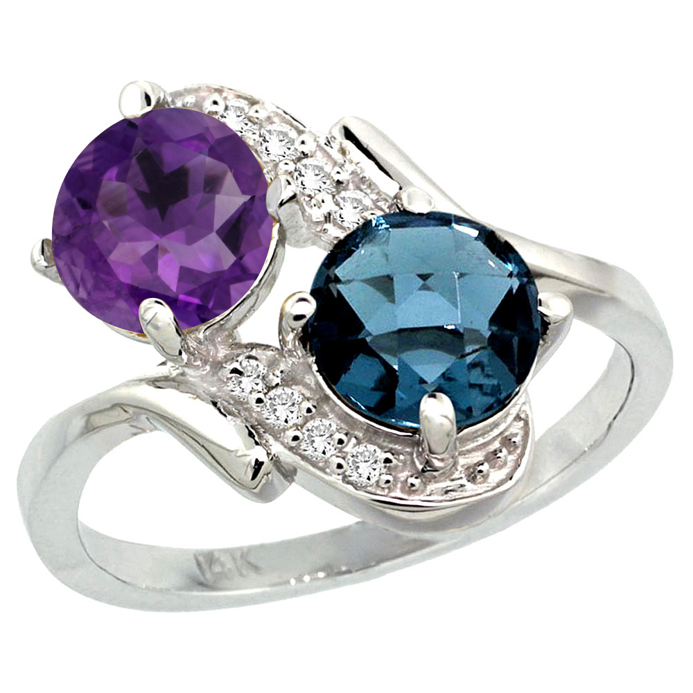10K White Gold Diamond Natural Amethyst &amp; London Blue Topaz Mother&#039;s Ring Round 7mm, 3/4 inch wide, sizes 5 - 10