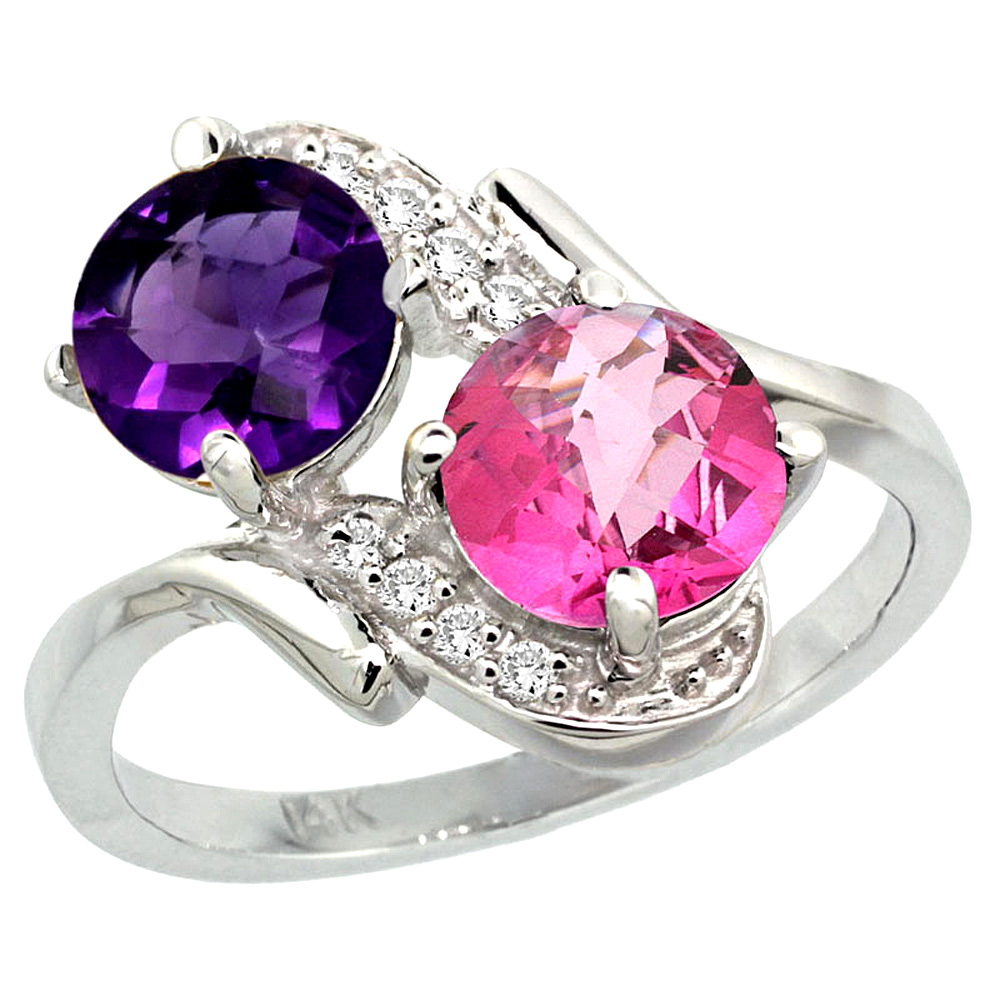 14k White Gold Diamond Natural Amethyst & Pink Topaz Mother's Ring Round 7mm, 3/4 inch wide, sizes 5 - 10