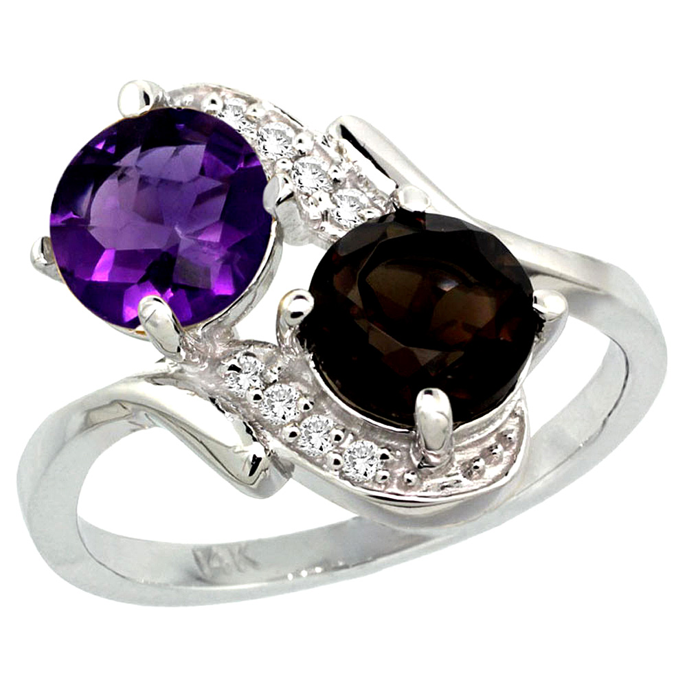 14k White Gold Diamond Natural Amethyst & Smoky Topaz Mother's Ring Round 7mm, 3/4 inch wide, sizes 5 - 10