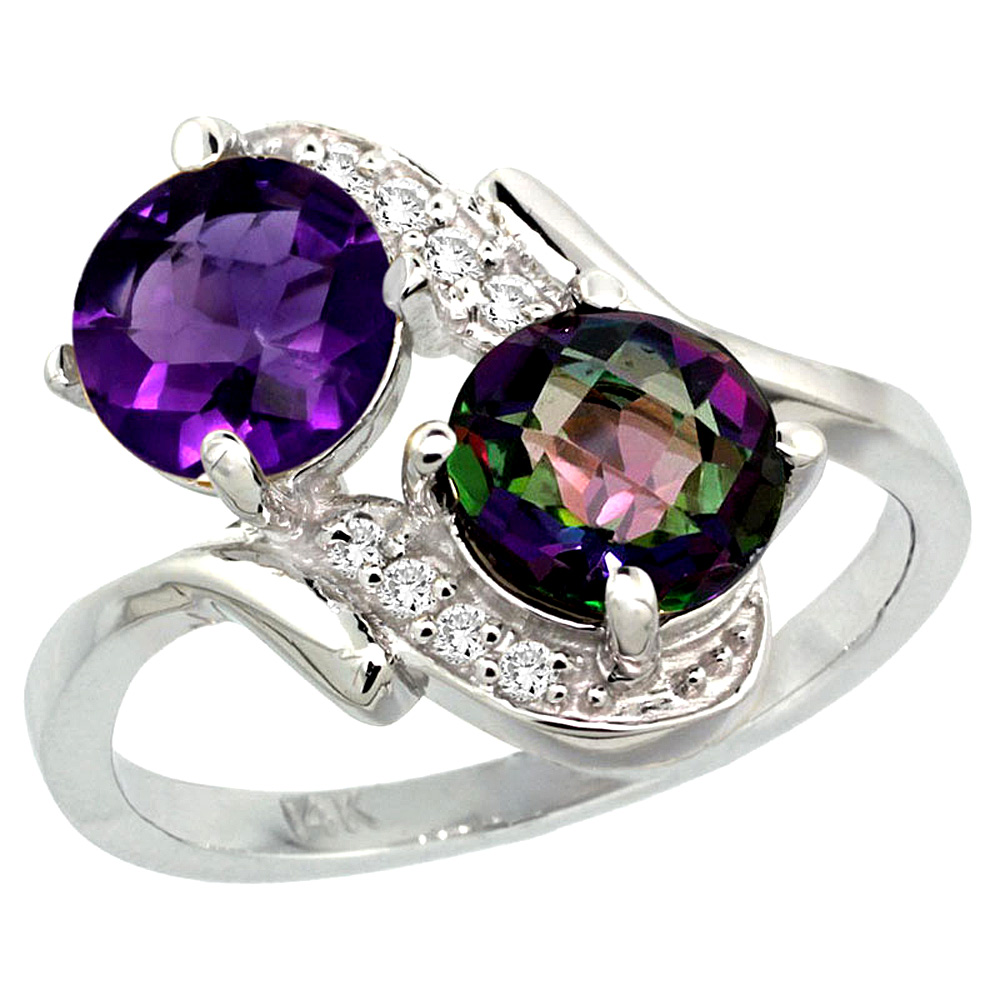 14k White Gold Diamond Natural Amethyst &amp; Mystic Topaz Mother&#039;s Ring Round 7mm, 3/4 inch wide, sizes 5 - 10