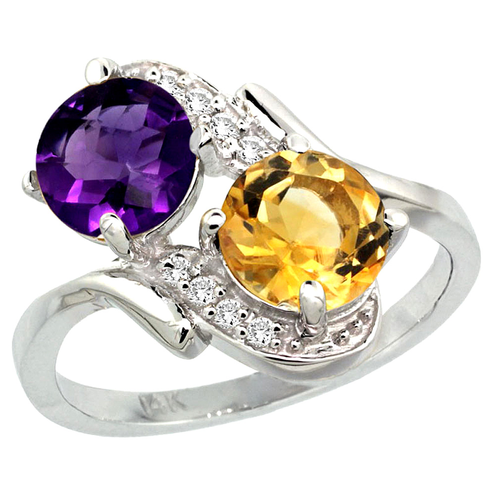 10K White Gold Diamond Natural Amethyst & Citrine Mother's Ring Round 7mm, 3/4 inch wide, sizes 5 - 10