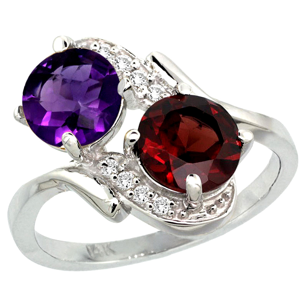14k White Gold Diamond Natural Amethyst &amp; Garnet Mother&#039;s Ring Round 7mm, 3/4 inch wide, sizes 5 - 10
