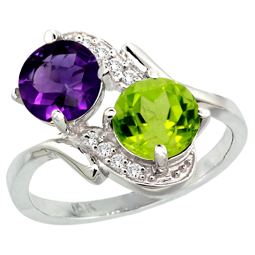 14k White Gold Diamond Natural Amethyst &amp; Peridot Mother&#039;s Ring Round 7mm, 3/4 inch wide, sizes 5 - 10