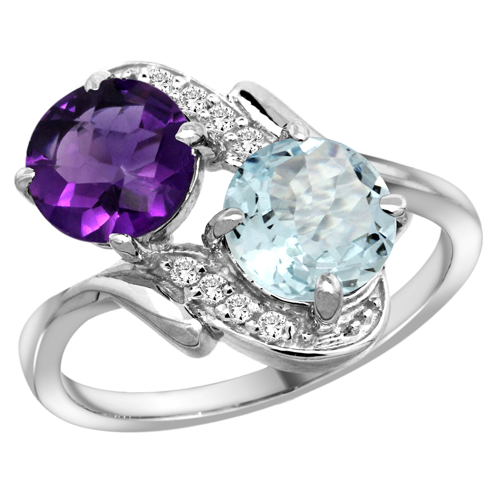 10K White Gold Diamond Natural Amethyst & Aquamarine Mother's Ring Round 7mm, 3/4 inch wide, sizes 5 - 10