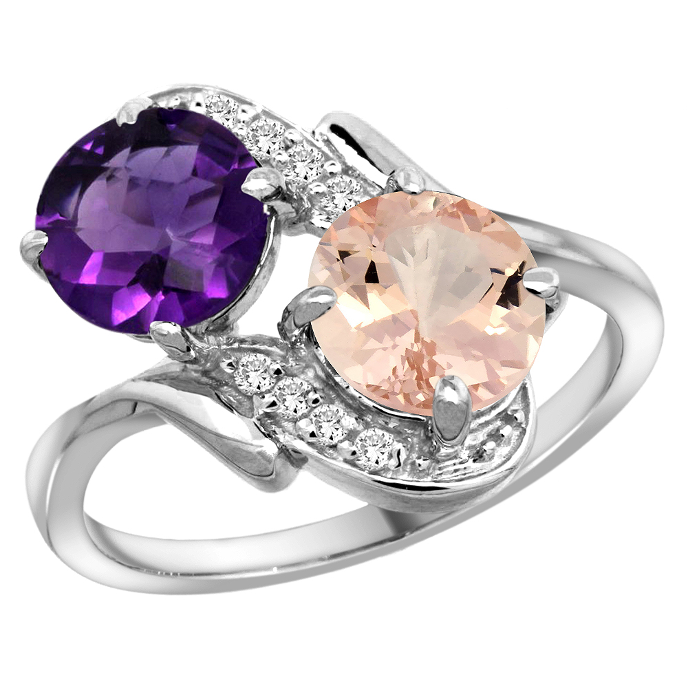10K White Gold Diamond Natural Amethyst &amp; Morganite Mother&#039;s Ring Round 7mm, 3/4 inch wide, sizes 5 - 10