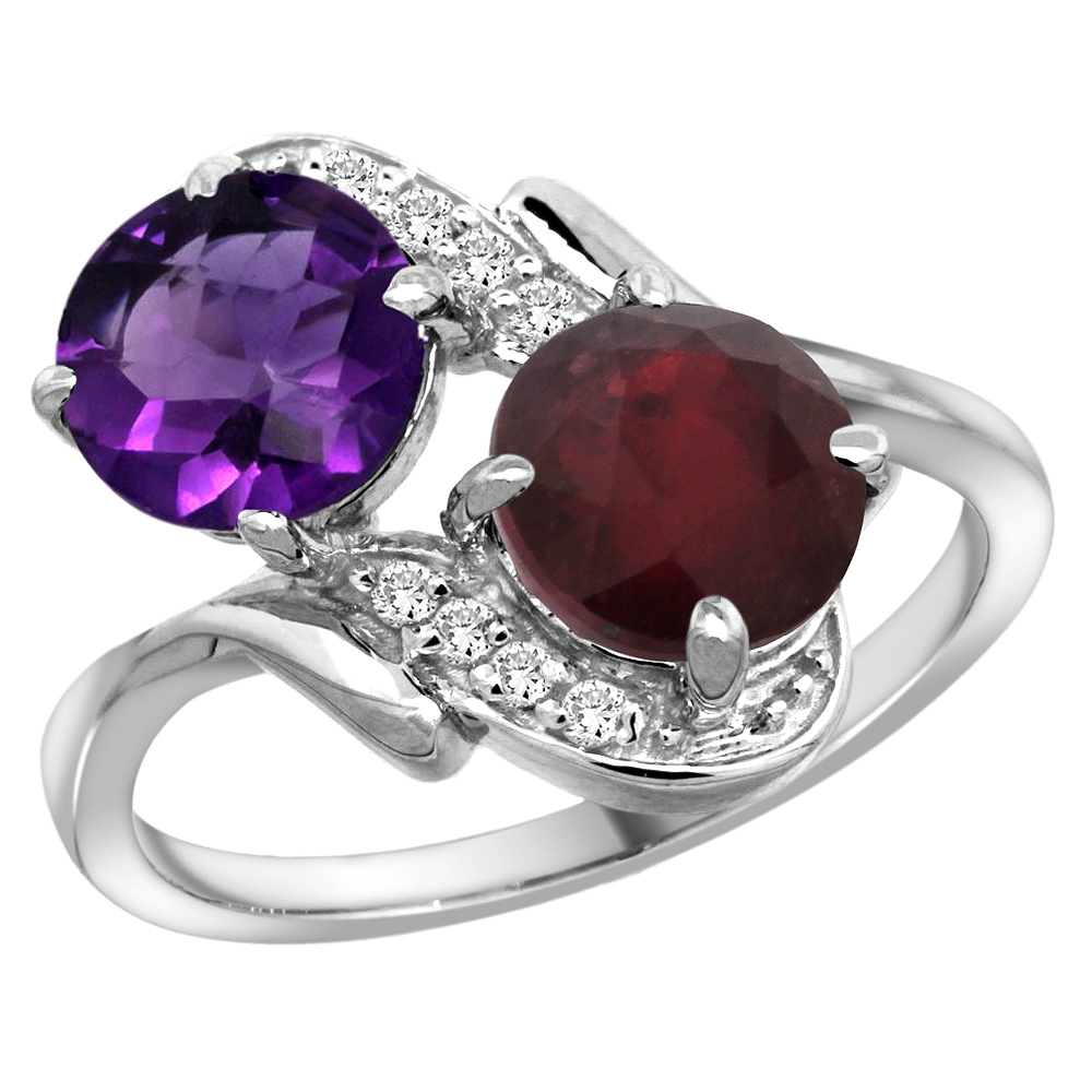 14k White Gold Diamond Natural Amethyst &amp; Enhanced Genuine Ruby Mother&#039;s Ring Round 7mm, 3/4 inch wide, sizes 5 - 10