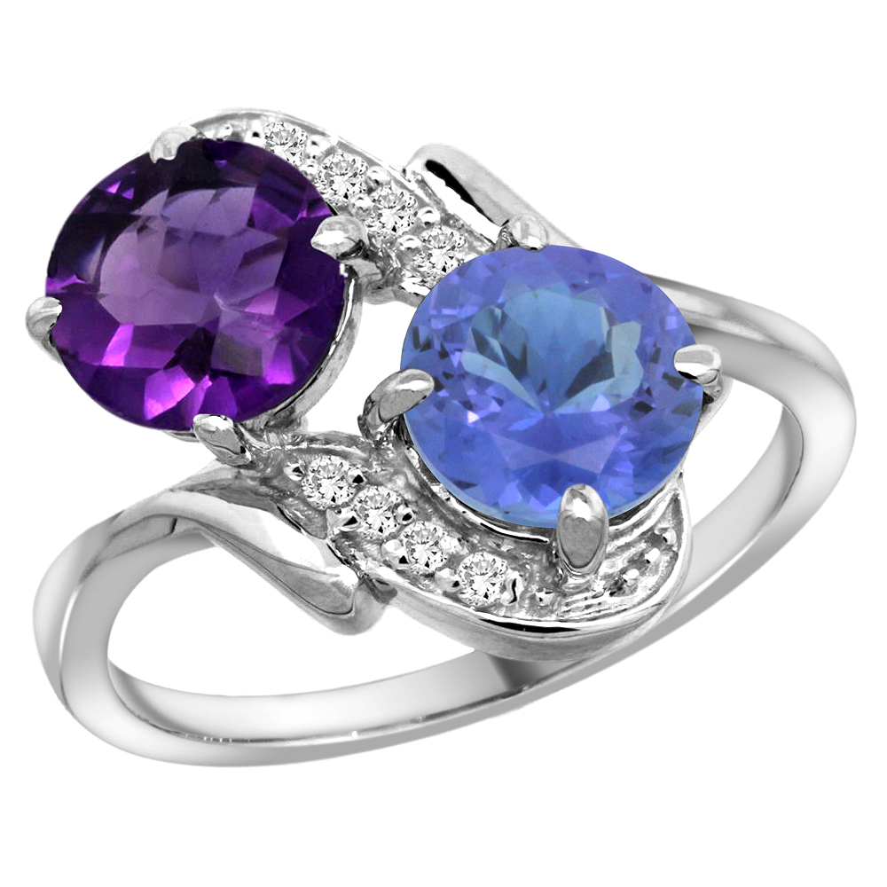 14k White Gold Diamond Natural Amethyst & Tanzanite Mother's Ring Round 7mm, 3/4 inch wide, sizes 5 - 10