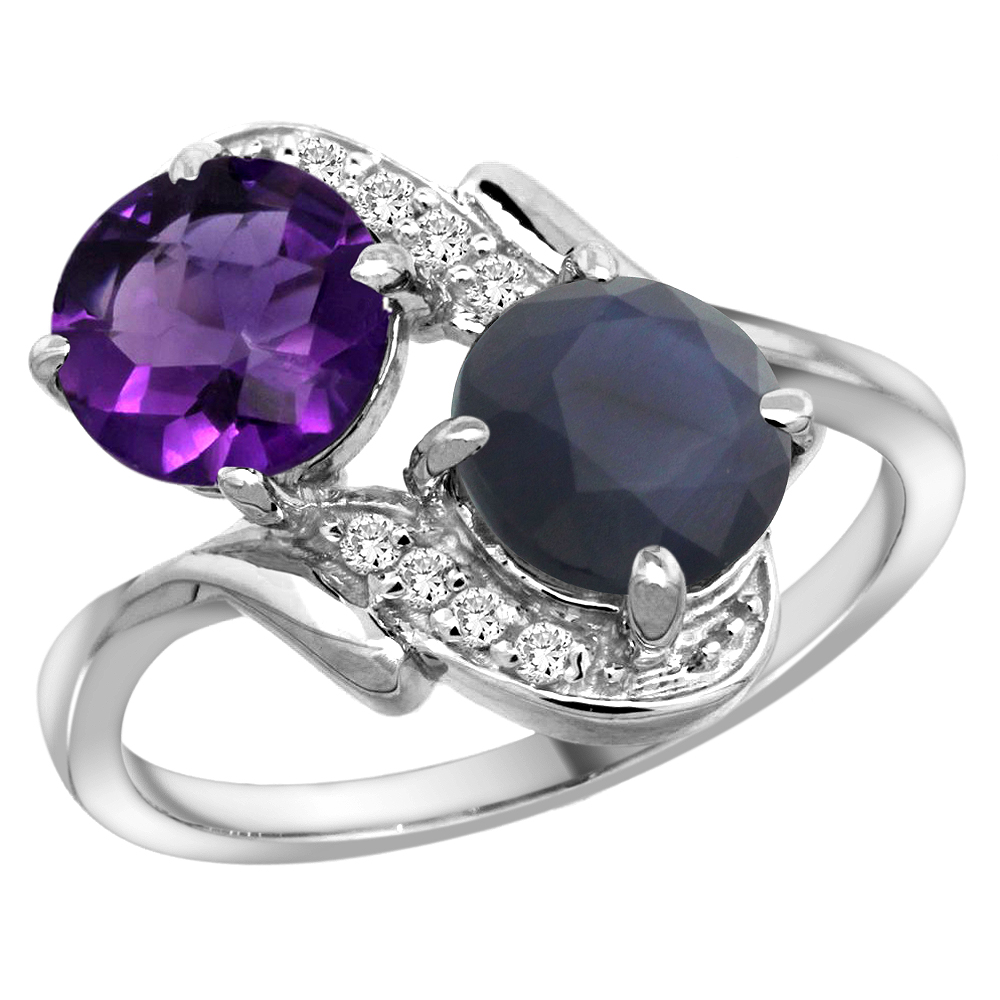 14k White Gold Diamond Natural Amethyst & Quality Blue Sapphire 2-stone Mothers Ring Round 7mm, size 5-10
