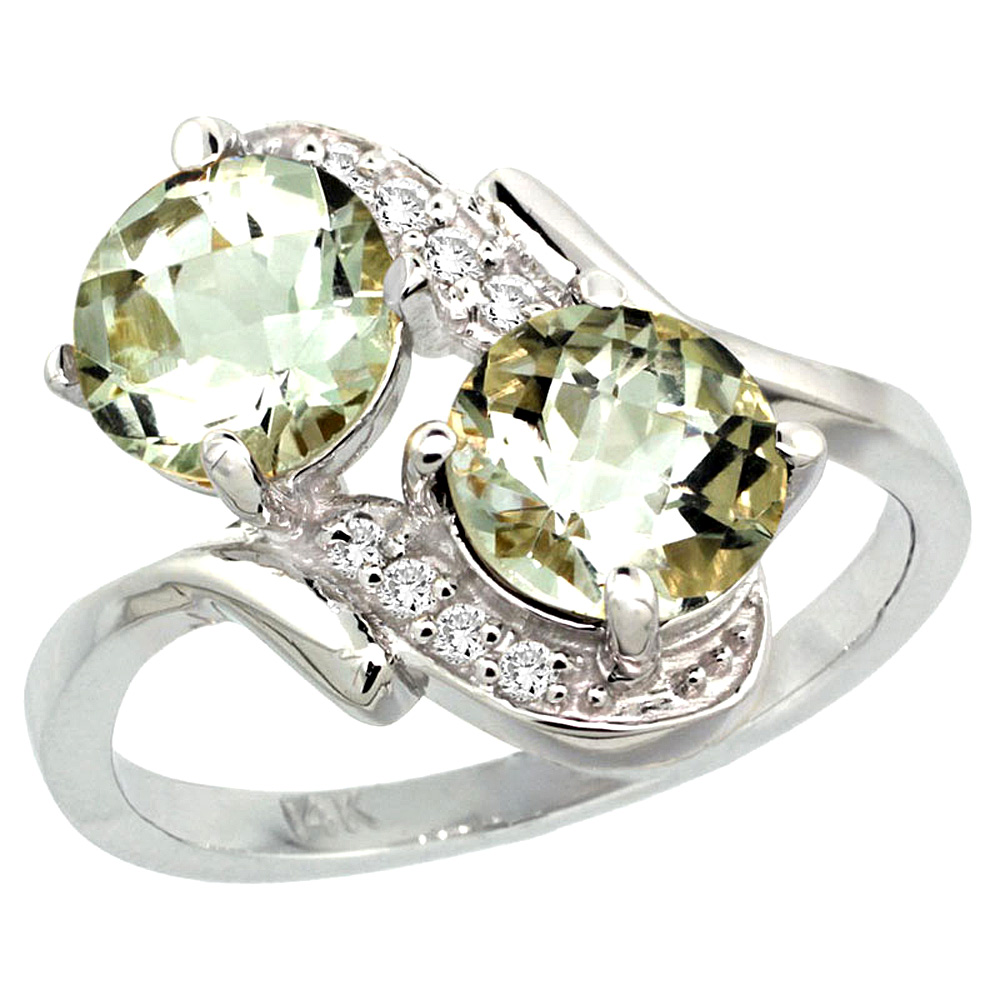 14k White Gold Diamond Natural Green Amethyst Mother&#039;s Ring Round 7mm, 3/4 inch wide, sizes 5 - 10