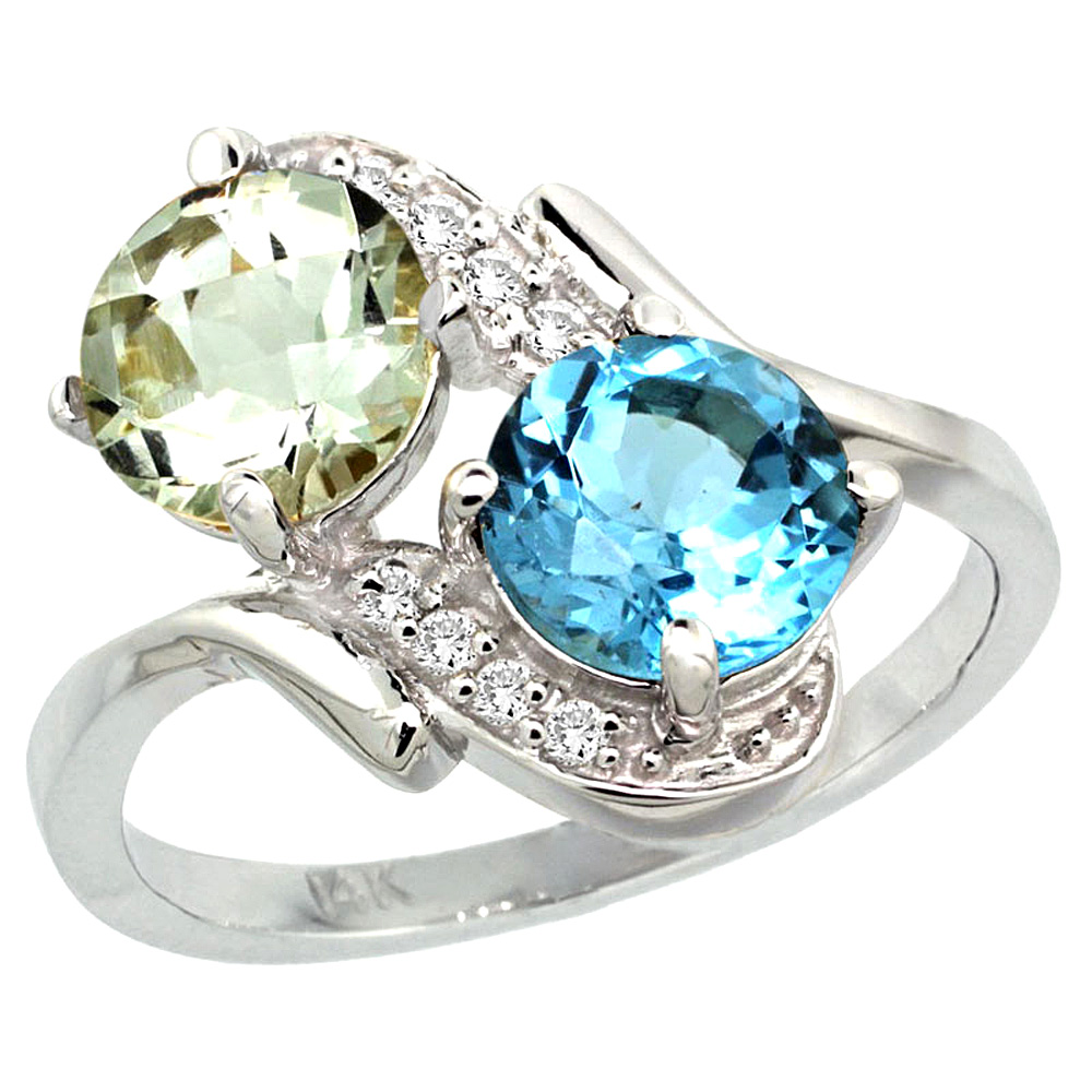 10K White Gold Diamond Natural Green Amethyst &amp; Swiss Blue Topaz Mother&#039;s Ring Round 7mm, 3/4 inch wide, sizes 5 - 10