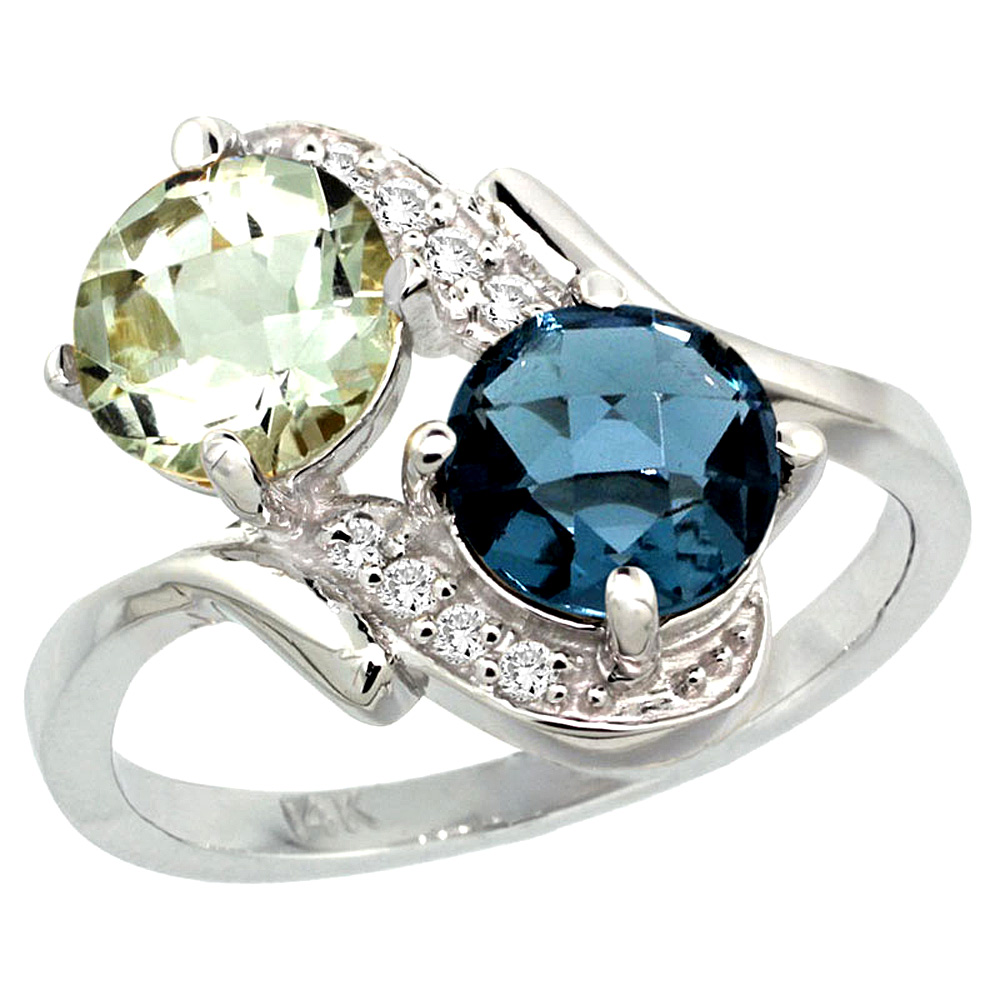 14k White Gold Diamond Natural Green Amethyst &amp; London Blue Topaz Mother&#039;s Ring Round 7mm, 3/4 inch wide, sizes 5 - 10