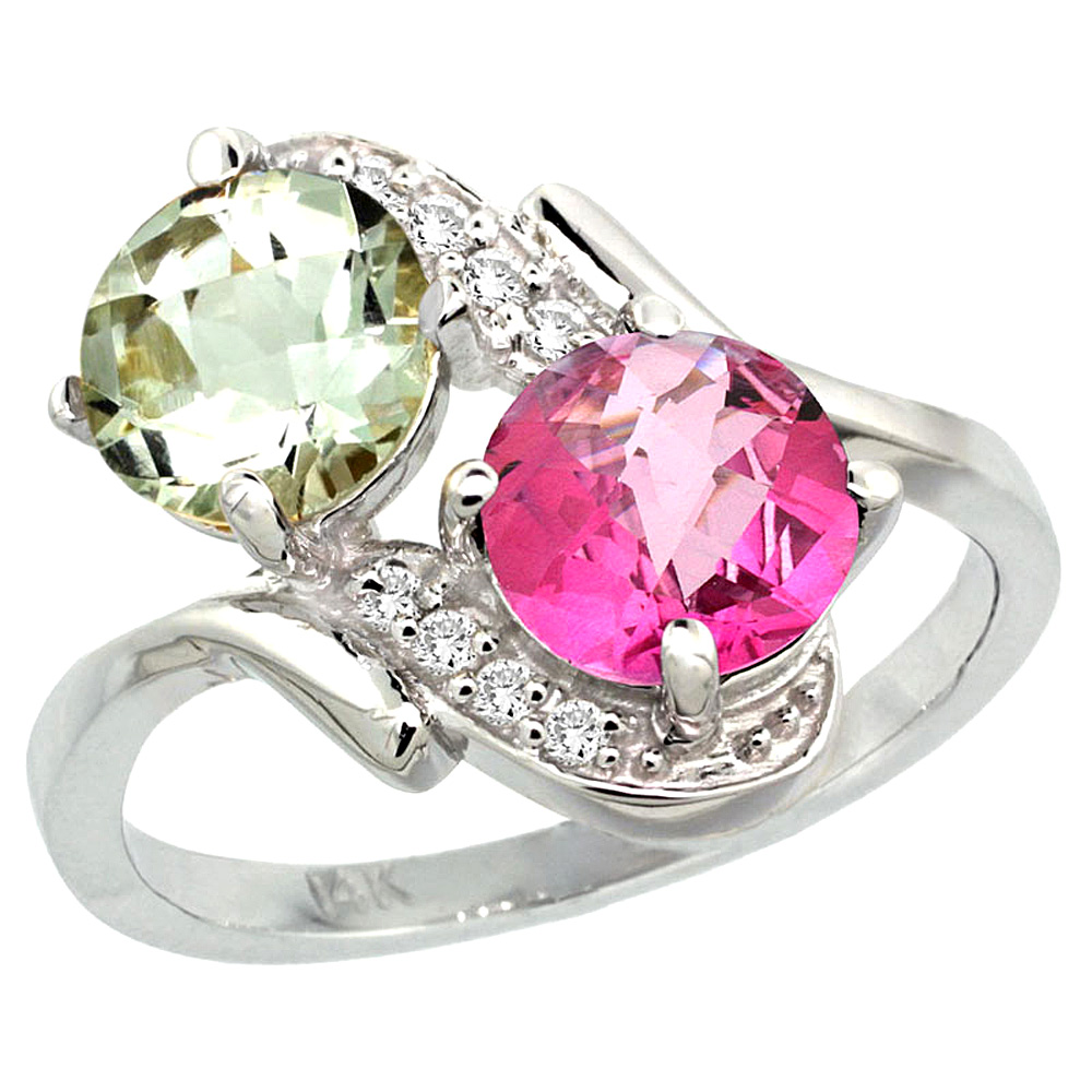 14k White Gold Diamond Natural Green Amethyst & Pink Topaz Mother's Ring Round 7mm, 3/4 inch wide, sizes 5 - 10