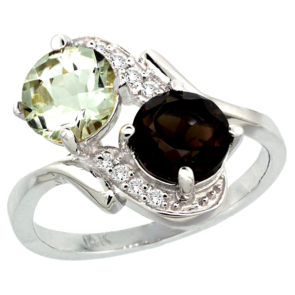 14k White Gold Diamond Natural Green Amethyst &amp; Smoky Topaz Mother&#039;s Ring Round 7mm, 3/4 inch wide, sizes 5 - 10