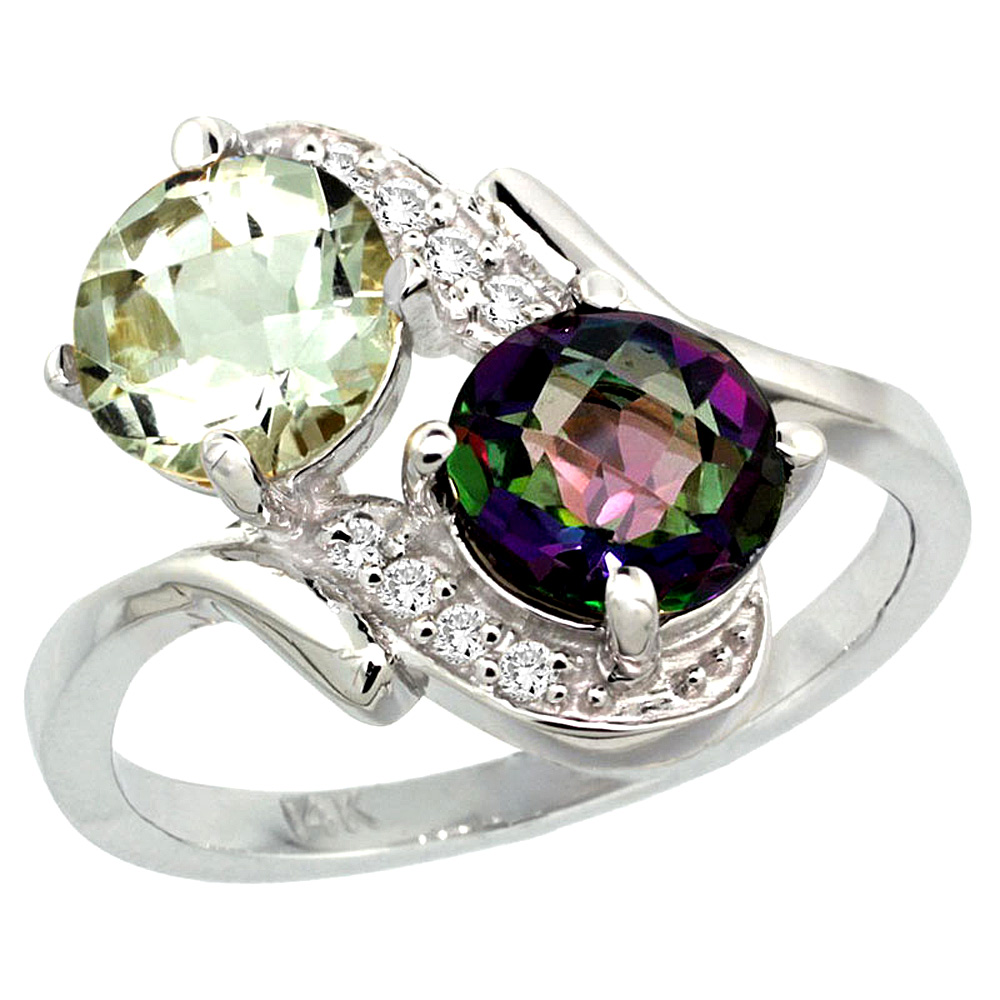14k White Gold Diamond Natural Green Amethyst &amp; Mystic Topaz Mother&#039;s Ring Round 7mm, 3/4 inch wide, sizes 5 - 10
