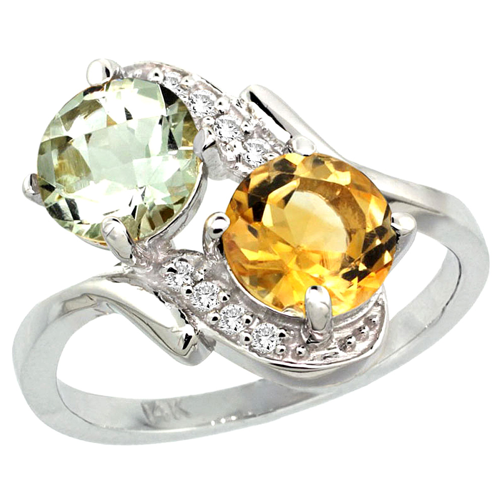 14k White Gold Diamond Natural Green Amethyst & Citrine Mother's Ring Round 7mm, 3/4 inch wide, sizes 5 - 10