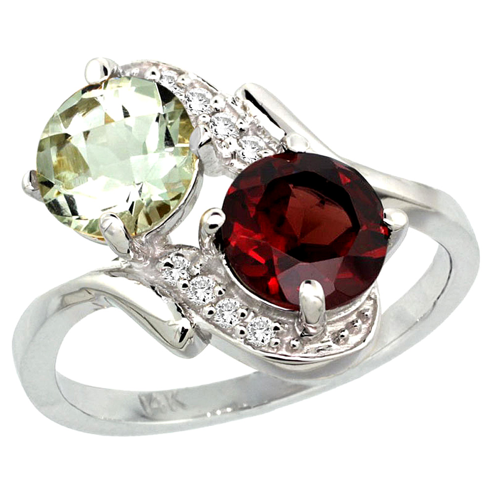 14k White Gold Diamond Natural Green Amethyst &amp; Garnet Mother&#039;s Ring Round 7mm, 3/4 inch wide, sizes 5 - 10