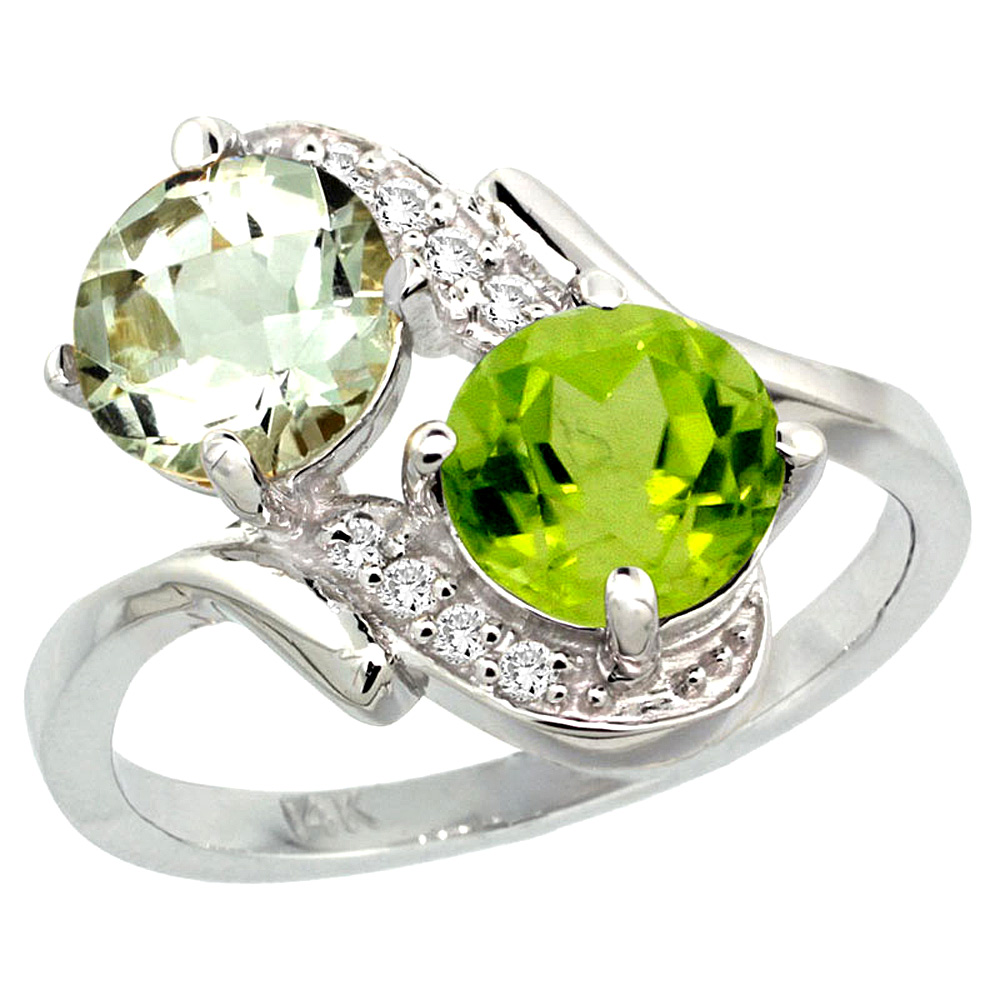 14k White Gold Diamond Natural Green Amethyst &amp; Peridot Mother&#039;s Ring Round 7mm, 3/4 inch wide, sizes 5 - 10