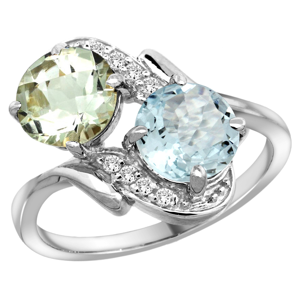10K White Gold Diamond Natural Green Amethyst & Aquamarine Mother's Ring Round 7mm, 3/4 inch wide, sizes 5 - 10