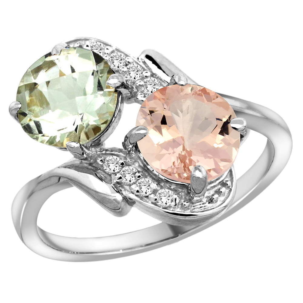 10K White Gold Diamond Natural Green Amethyst & Morganite Mother's Ring Round 7mm, 3/4 inch wide, sizes 5 - 10