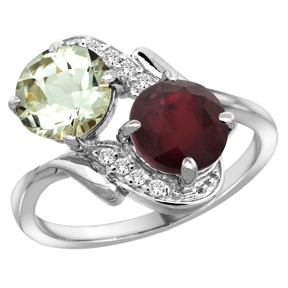 14k White Gold Diamond Natural Green Amethyst &amp; Enhanced Genuine Ruby Mother&#039;s Ring Round 7mm, 3/4 inch wide, sizes 5 - 10