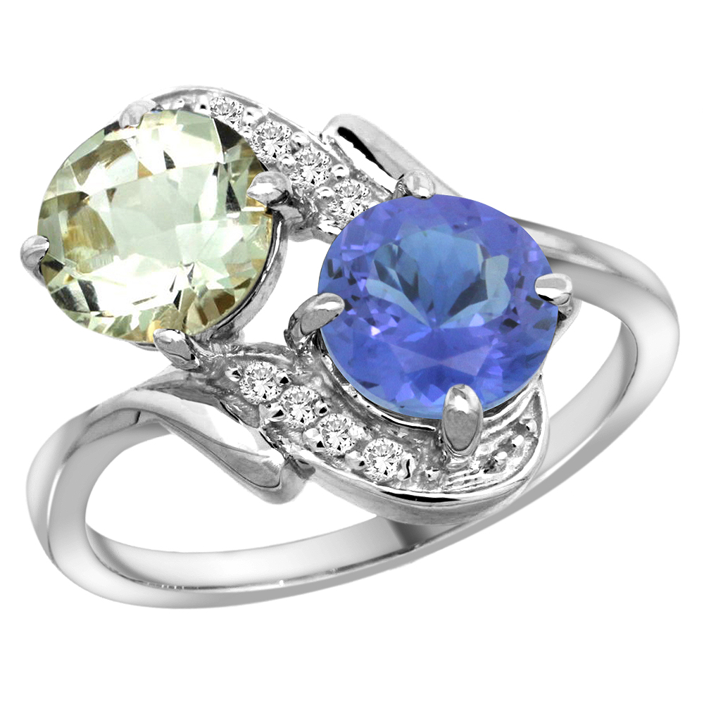 10K White Gold Diamond Natural Green Amethyst & Tanzanite Mother's Ring Round 7mm, 3/4 inch wide, sizes 5 - 10