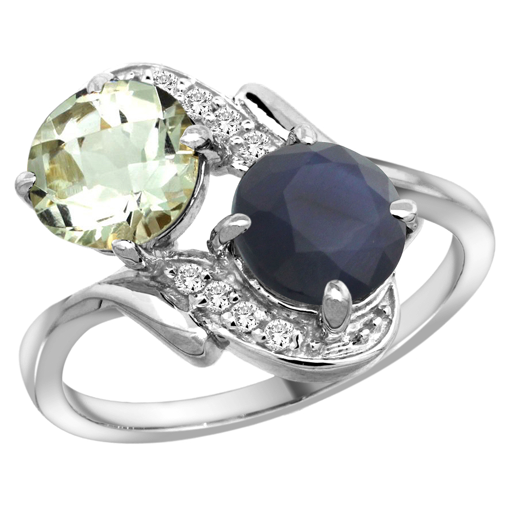 14k White Gold Diamond Natural Green Amethyst & Quality Blue Sapphire 2-stone Ring Round 7mm, size 5 - 10